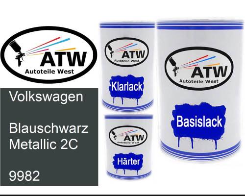 Volkswagen, Blauschwarz Metallic 2C, 9982: 500ml Lackdose + 500ml Klarlack + 250ml Härter - Set, von ATW Autoteile West.